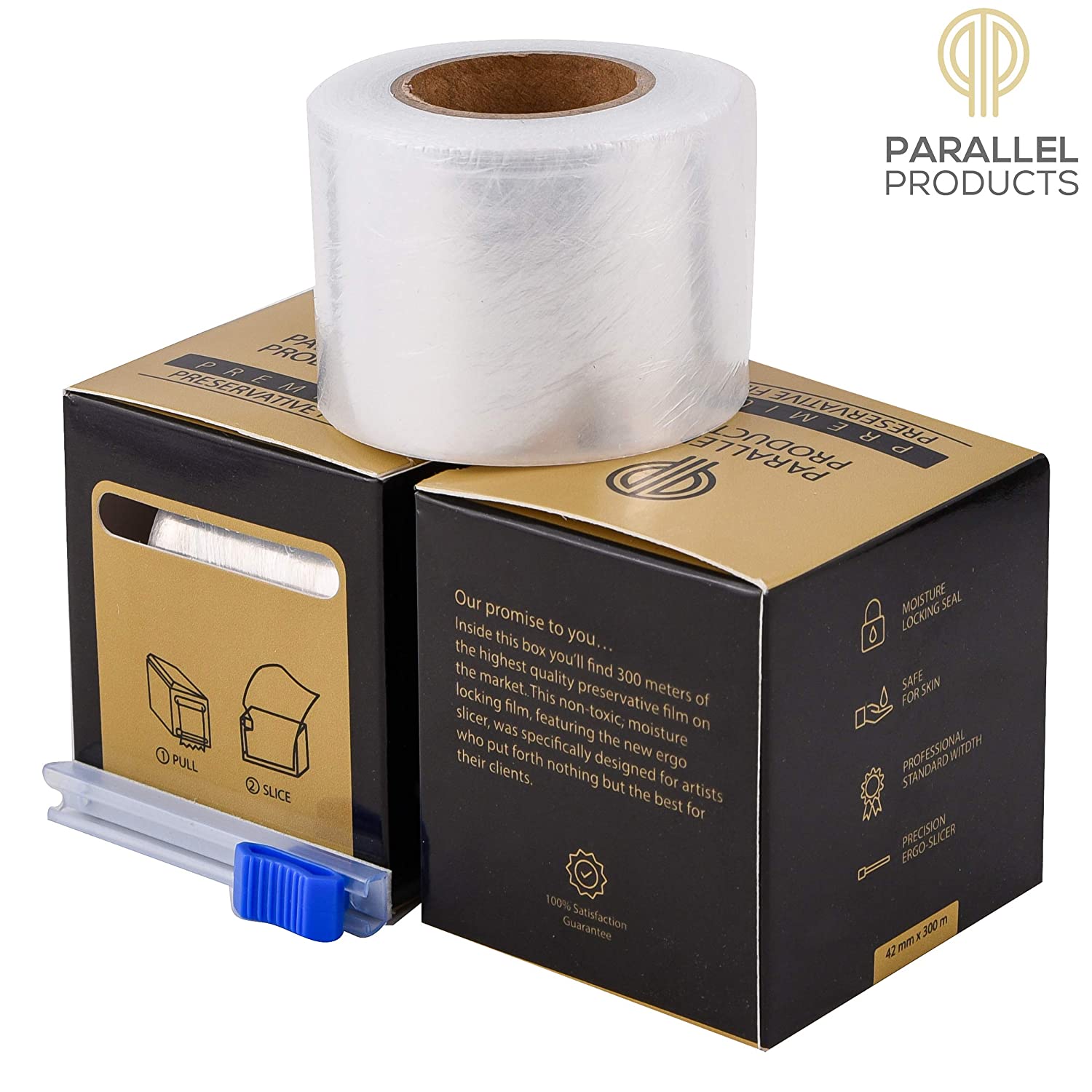 Parallel Products Premium Preservative Film Professional Grade Plastic Film for Permanent and Semi-Permanent Makeup with Precision Ergo-Slicer 300 meters Front and Back